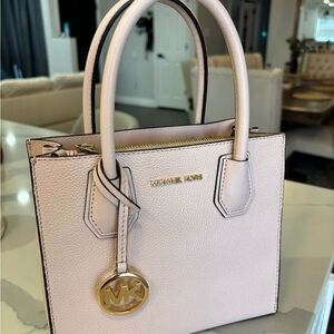Michael Kors Blush Pink Pebbled Leather Satchel with Gold Logo Charm